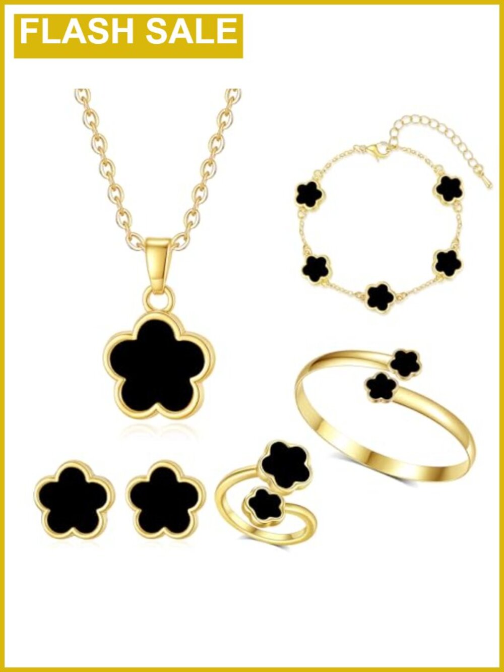 14K Gold Plated Clover Jewelry Set Necklace Earring Ring Bracelet